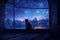 serene nighttime scene with a cat sitting on a windowsill, gazing at the moon