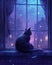 serene nighttime scene with a cat sitting on a windowsill, gazing at the moon