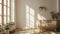 Serene Nursery Haven: A Wooden Cot Bed with Flowers in an Empty Sunlit Room