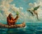 A serene ocean scene an orangutan on a raft with an origami dragon flying overhead