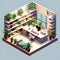 Serene Office Oasis: Isometric Interior with Shelves, Desk Computer, and Potted Plants