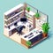 Serene Office Oasis: Isometric Interior with Shelves, Desk Computer, and Potted Plants