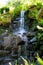 Serene outdoor scene with a cascading waterfall and lush plants