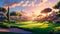 A serene painting capturing the beauty of a golf course at sunset, with vibrant colors blending into the horizon as