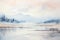 A serene painting depicting a tranquil lake with majestic mountains in the distance., A serene landscape of soft, calming,