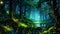 A serene painting of a lush forest, complete with a tranquil pond and enchanting fireflies, An enchanting moonlit forest with