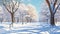 A serene painting of a snowy park with benches and trees. This picture can be used to depict a peaceful winter landscape