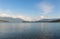 Serene panorama of the calm waters of Panguipulli Lake, from the village of Panguipulli. Patagonian area, Chile