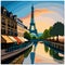 Serene Paris: Watercolor Illustration of the Seine and Eiffel Tower