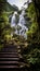 Serene park landscape with cascading waterfall surrounded by lush greenery and tranquil setting