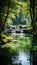 Serene park scene with cascading waterfall surrounded by lush greenery in nature