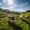 Serene Pastoral Scene: Cows Grazing on Lush Green Field with Rolling Hills