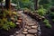 Serene Path round logs backyard. Generate Ai