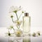 Serene And Peaceful Ambiance: Barison Perfume Bottle And Flowers