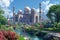 A serene and peaceful Islamic background depicting a tranquil mosque nestled amidst a lush garden