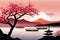 Serene, peaceful, japanese scene of lake with boat in background. Concept of calm, tranquility, as if one were to take