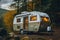 A serene and peaceful scene of a small camper nestled among trees in a picturesque wooded area, A vintage camper vehicle turned