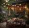 A serene and peaceful setting, with a cozy outdoor patio surrounded by lush greenery.