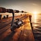 A serene photo of a fishing rod on a wooden pier at sunset, with the sun setting over the horizon and an orange-yellow