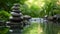 A serene pile of smooth stones balanced in a forest stream with lush greenery in soft focus in the background.