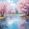 Serene Pond with Cherry Blossom Trees in Full Bloom