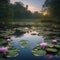 A serene pond filled with floating water lilies that release tiny, shimmering fireflies at twilight1