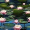 A serene pond filled with floating water lilies that release tiny, shimmering fireflies at twilight2