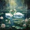 A serene pond filled with lily pads, hosting a pair of gentle swans gliding gracefully across the mirrored surface by AI generated