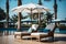 Serene Poolside Ambiance with Umbrella and Chair. AI