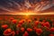 Serene Poppy field sunset art paint. Generate Ai