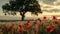Serene Poppy Field at Sunset with a Lone Tree. Warm Summer Evening Landscape Captured in a Pastoral Style. Ideal for