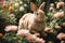 A serene rabbit, dressed in a simple yet elegant Easter dress, peacefully sitting in a lush garden surrounded by blooming flowers