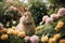 A serene rabbit, dressed in a simple yet elegant Easter dress, peacefully sitting in a lush garden surrounded by blooming flowers