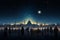 Serene Ramadan. Glowing Crescent Moon, Mosque Silhouette, Starry Sky, Iftar Gathering