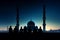 Serene Ramadan. Glowing Crescent Moon, Silhouette Mosque, Starry Sky, Iftar Gathering