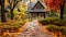 A serene residential scene in autumn, showing a house enveloped by vibrant fall trees and abundant foliage, A pathway lined with