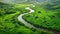 Serene River Flowing Through a Green Valley, A winding river flowing through a lush green valley from above, AI Generated