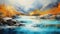 Serene River Painting In Cyan And Amber: Tranquil Scenes In Whistlerian Style