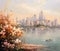 A serene riverbank adorned with blooming flowers amidst a bustling cityscape. Generative AI