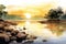 A serene riverbank scene watercolor illustration - Generative AI.