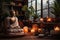 A serene room with a Buddha statue as the centerpiece, adorned with flickering candles, A peaceful home meditation studio with
