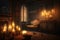 a serene room, with the flickering of candles and a warm glow