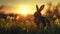 A serene scene capturing a wild rabbit enjoying the last rays of a golden sunset in a peaceful meadow, surrounded by delicate