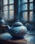 Serene scene of a closed blue teapot near a window on a wooden surface, Generative AI