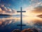 A serene scene of a cross standing on a calm lake with a beautiful sky background