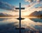 A serene scene of a cross standing on a calm lake with a beautiful sky background