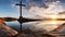 A serene scene of a cross standing on a calm lake with a beautiful sky background