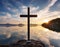 A serene scene of a cross standing on a calm lake with a beautiful sky background