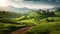 A serene scene of a road winding through a vibrant and abundant countryside, A peaceful countryside with rolling hills and a