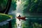 A serene scene unfolds as a sleek sports kayak peacefully glides along a winding river nestled